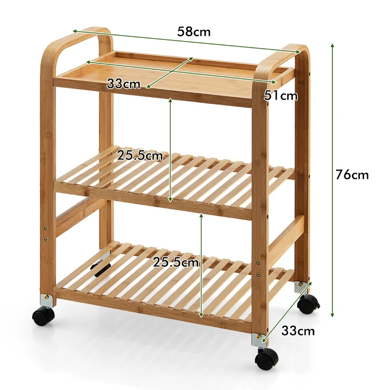 Costway – 3-stufiger Servierwagen aus Bambus mit 4 Rollen, 58 × 33 × 76 cm, Natur