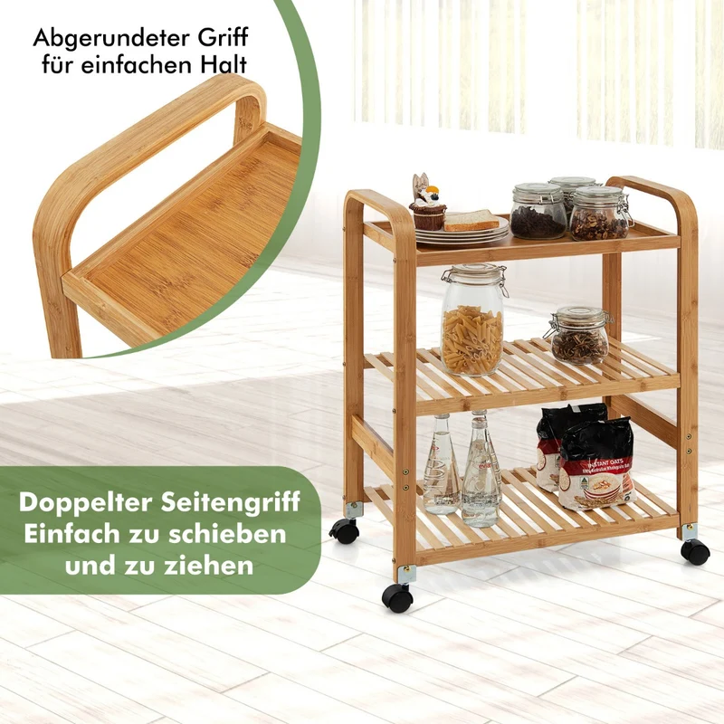 Costway – 3-stufiger Servierwagen aus Bambus mit 4 Rollen, 58 × 33 × 76 cm, Natur