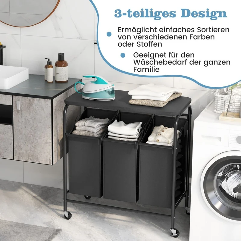 Costway – Wäschesortierwagen mit Bügelbrett, 3 herausnehmbare Wäschesäcke à 33 l, Rollen, 80,5 × 41,5 × 87,5 cm, Schwarz