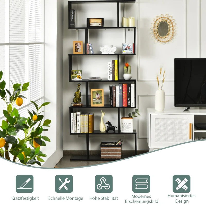 Costway - Bücherregal, Bücherregal mit 6 Ebenen, Standregal S-Form, Aufbewahrungsregal, Holz, Farbwahl-Schwarz