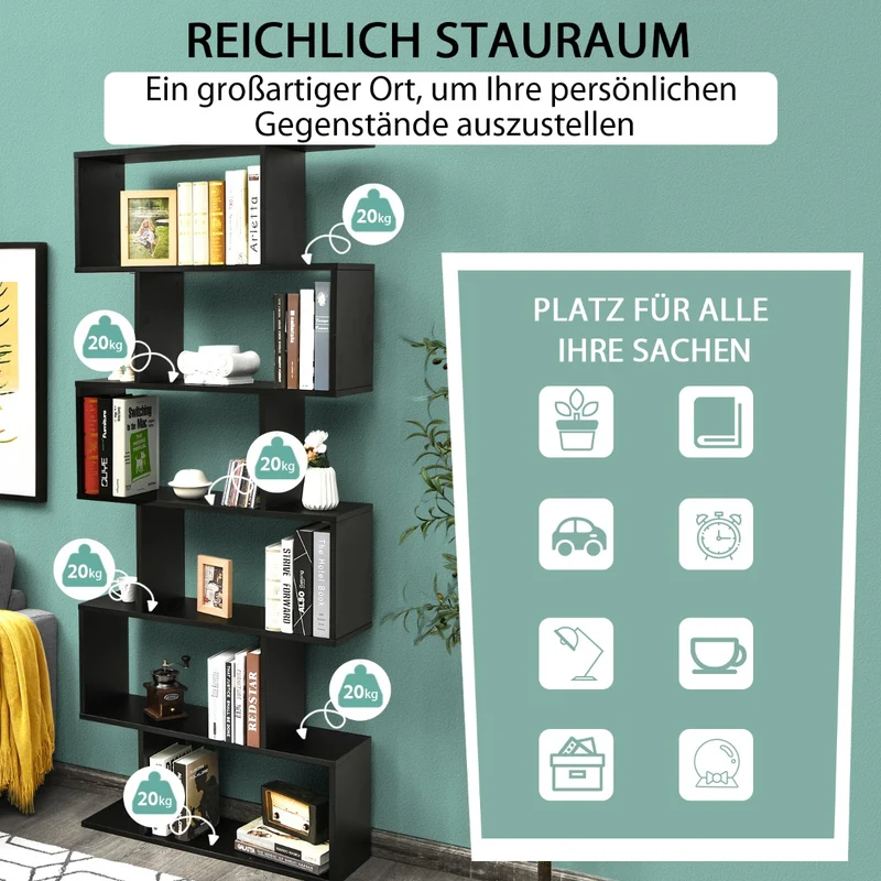 Costway - Bücherregal, Bücherregal mit 6 Ebenen, Standregal S-Form, Aufbewahrungsregal, Holz, Farbwahl-Schwarz