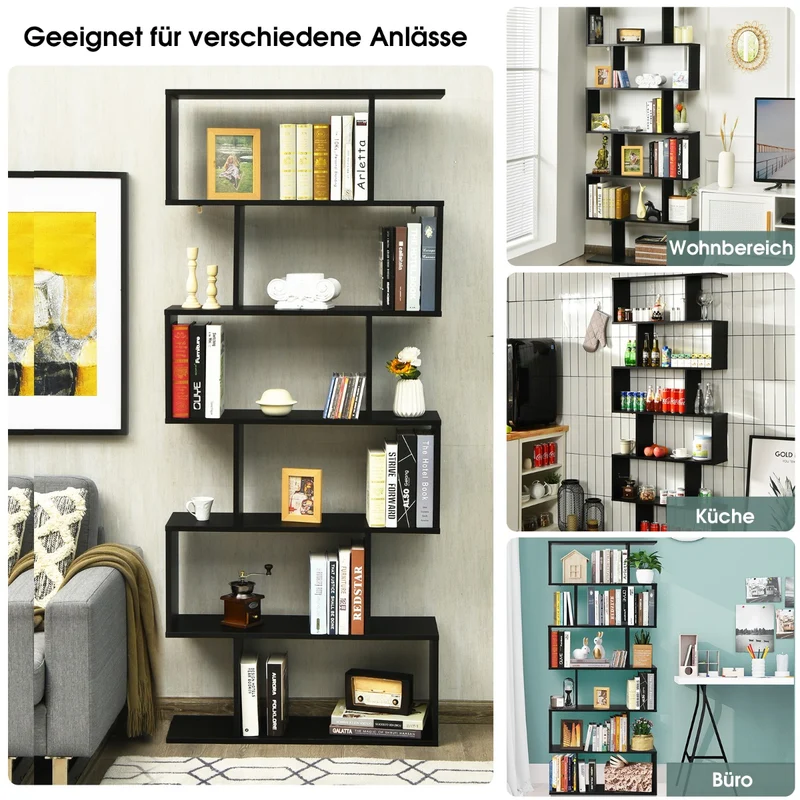 Costway - Bücherregal, Bücherregal mit 6 Ebenen, Standregal S-Form, Aufbewahrungsregal, Holz, Farbwahl-Schwarz