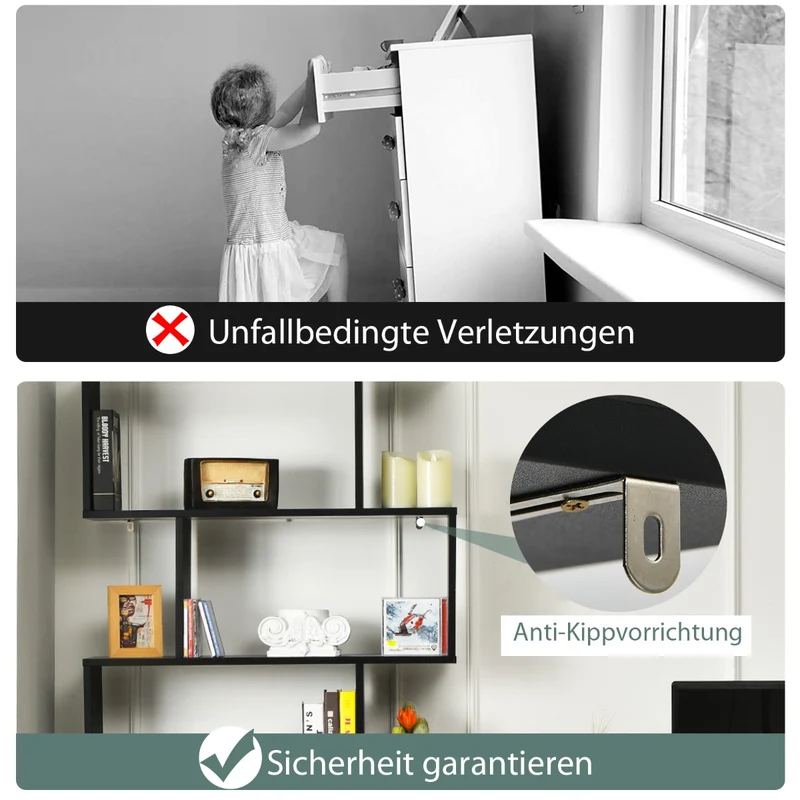 Costway - Bücherregal, Bücherregal mit 6 Ebenen, Standregal S-Form, Aufbewahrungsregal, Holz, Farbwahl-Schwarz