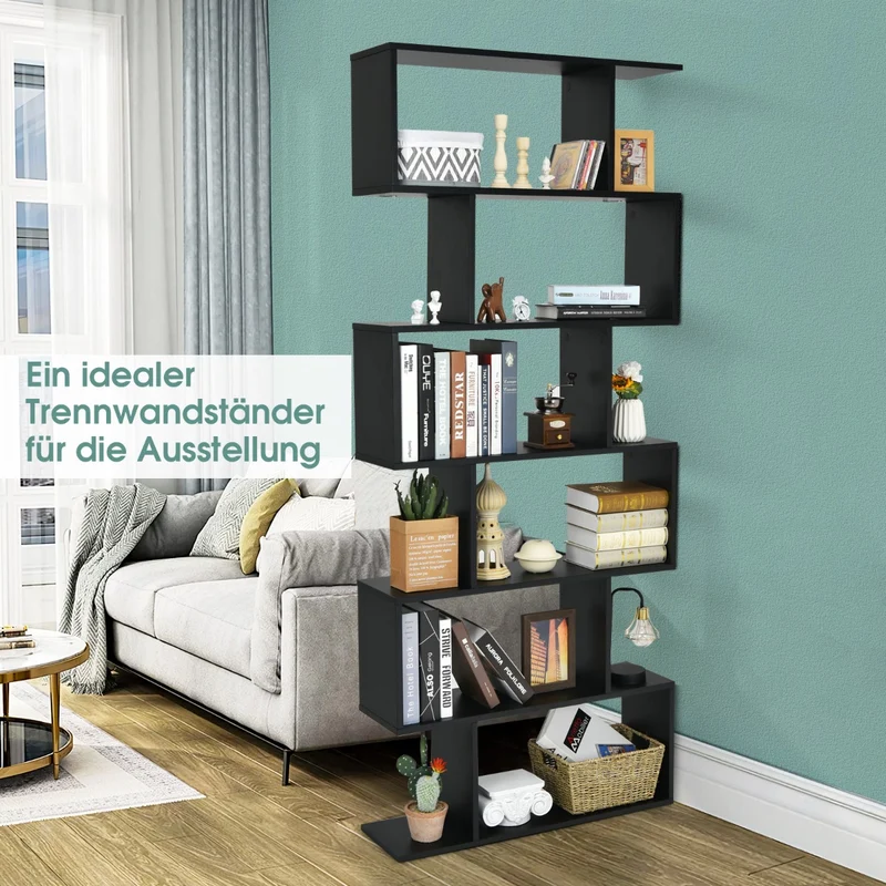 Costway - Bücherregal, Bücherregal mit 6 Ebenen, Standregal S-Form, Aufbewahrungsregal, Holz, Farbwahl-Schwarz