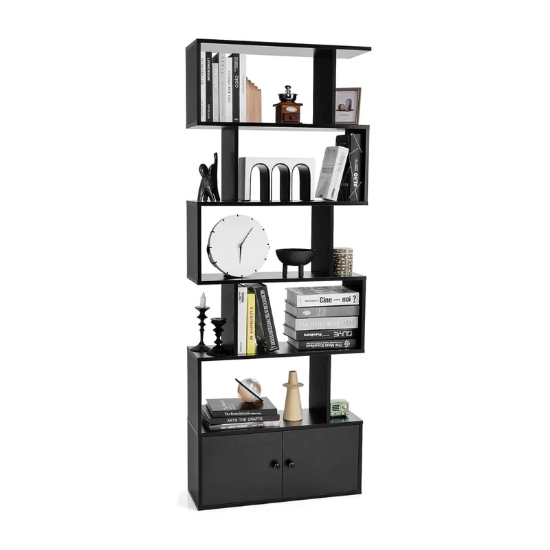 Costway - Bücherregal,Bücherregal mit Türen & 5 Ebenen, Standregal, aus Holz 183 x 70 x 23 cm Raumteiler Schwarz