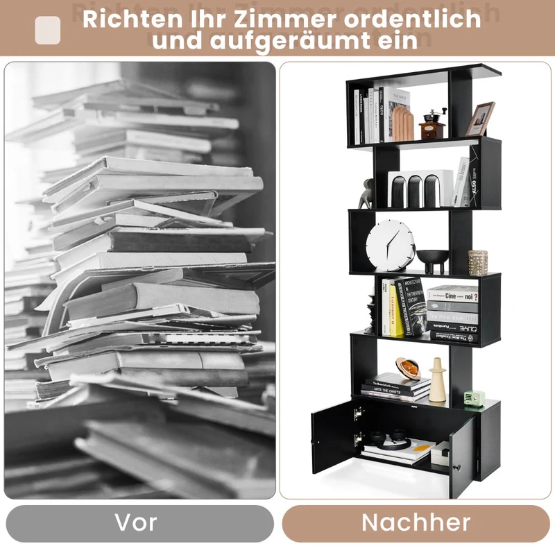 Costway - Bücherregal,Bücherregal mit Türen & 5 Ebenen, Standregal, aus Holz 183 x 70 x 23 cm Raumteiler Schwarz
