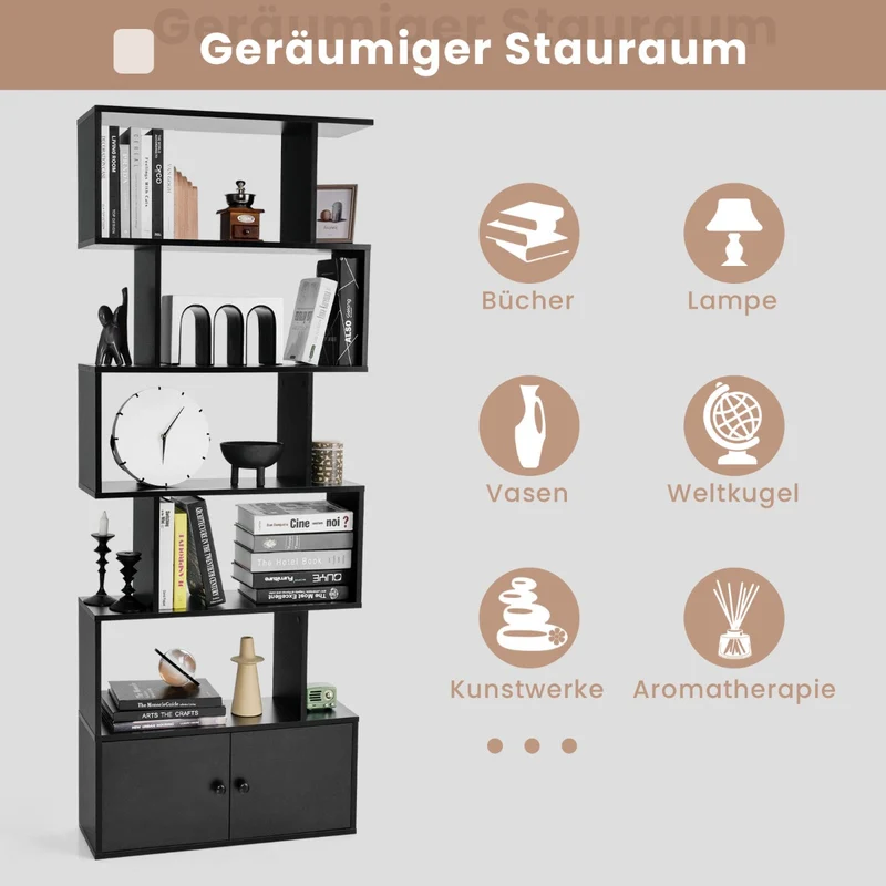 Costway - Bücherregal,Bücherregal mit Türen & 5 Ebenen, Standregal, aus Holz 183 x 70 x 23 cm Raumteiler Schwarz