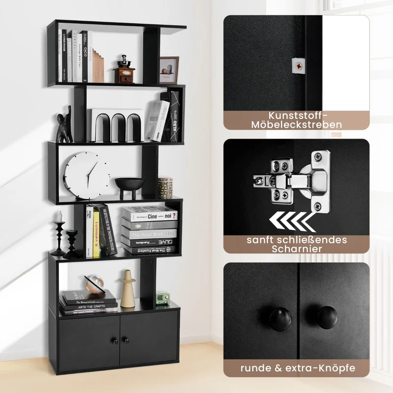 Costway - Bücherregal,Bücherregal mit Türen & 5 Ebenen, Standregal, aus Holz 183 x 70 x 23 cm Raumteiler Schwarz