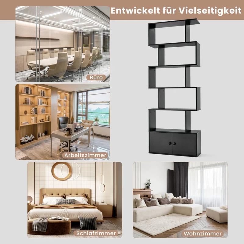 Costway - Bücherregal,Bücherregal mit Türen & 5 Ebenen, Standregal, aus Holz 183 x 70 x 23 cm Raumteiler Schwarz
