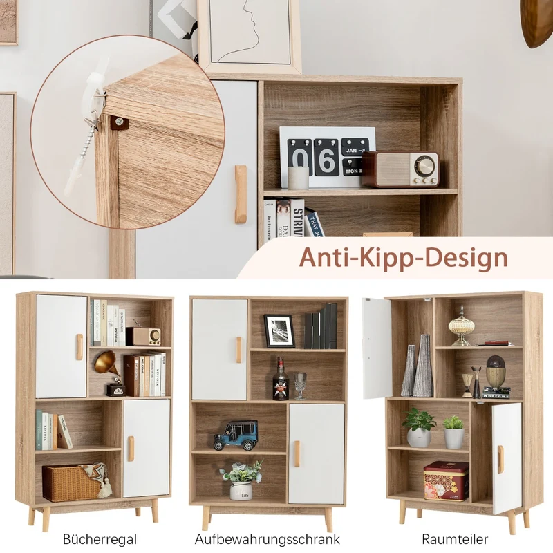 Costway - Bücherregal, Bücherregal 4-stöckiges, Bücherregal mit 2 Türen 4 offene Regale, 80 x 24 x 120 cm, Weiß