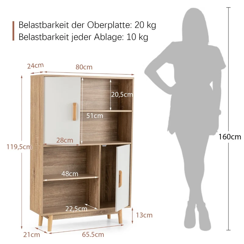 Costway - Bücherregal, Bücherregal 4-stöckiges, Bücherregal mit 2 Türen 4 offene Regale, 80 x 24 x 120 cm, Weiß