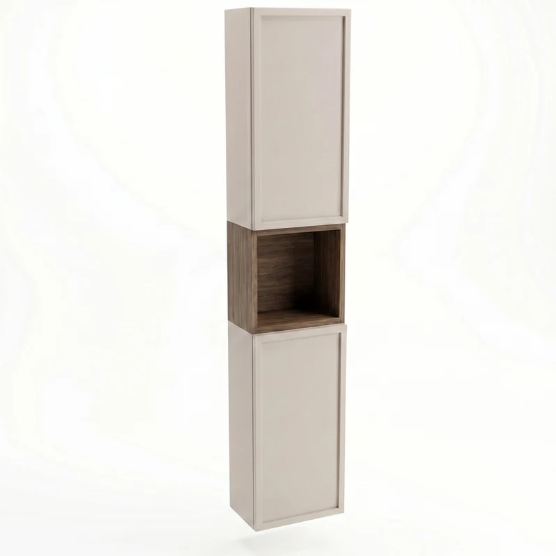 Bad Hochschrank 150 cm, 2 Türen, Ablagen und Regal Roma - Kaschmir/Walnuss Dunkel