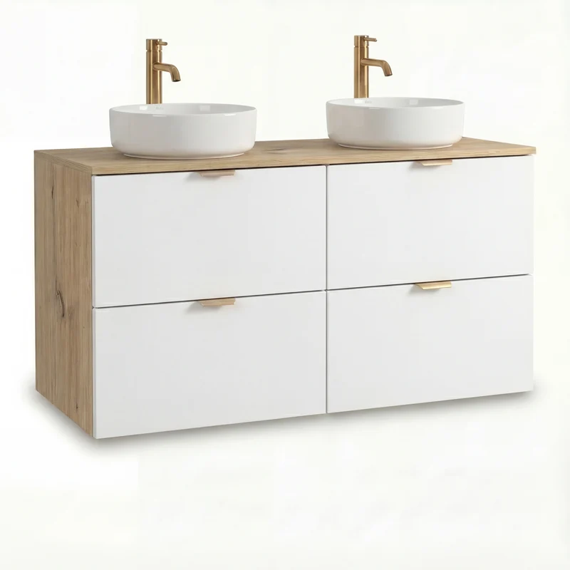 Badmöbel-Set: 120 cm Waschtischunterschrank mit 4 Schubladen und 2 Waschbecken Orio - Weiß/Eiche Artisan