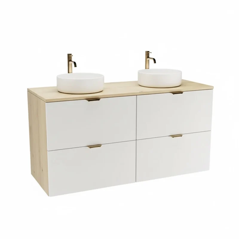 Badmöbel-Set: 120 cm Waschtischunterschrank mit 4 Schubladen und 2 Waschbecken Orio - Weiß/Eiche Artisan