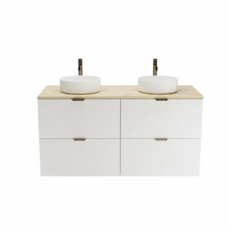 Badmöbel-Set: 120 cm Waschtischunterschrank mit 4 Schubladen und 2 Waschbecken Orio - Weiß/Eiche Artisan