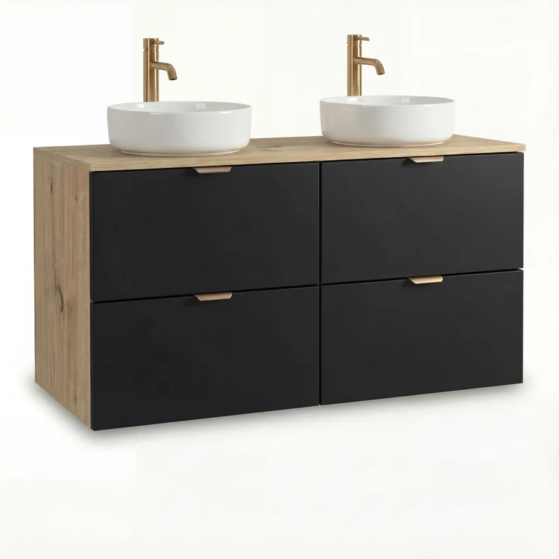Badmöbel-Set: 120 cm Waschtischunterschrank mit 4 Schubladen und 2 Waschbecken Orio - Schwarz/Eiche Artisan