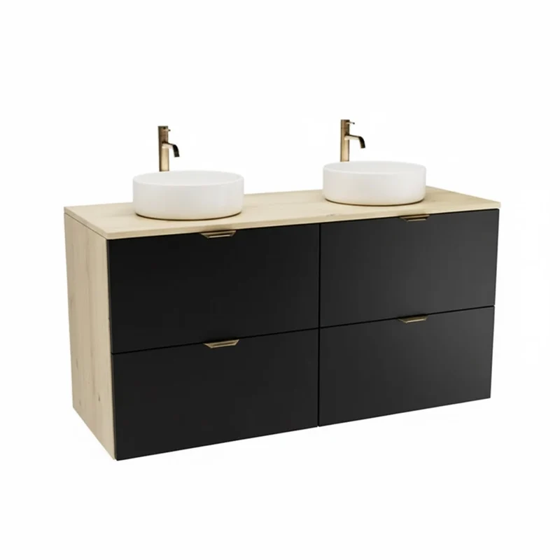 Badmöbel-Set: 120 cm Waschtischunterschrank mit 4 Schubladen und 2 Waschbecken Orio - Schwarz/Eiche Artisan