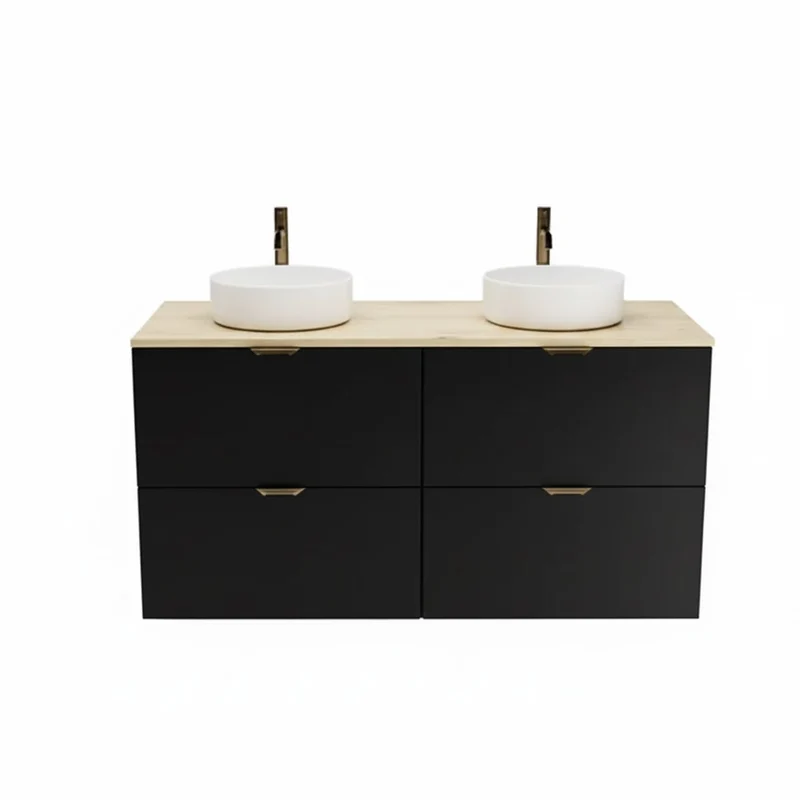 Badmöbel-Set: 120 cm Waschtischunterschrank mit 4 Schubladen und 2 Waschbecken Orio - Schwarz/Eiche Artisan