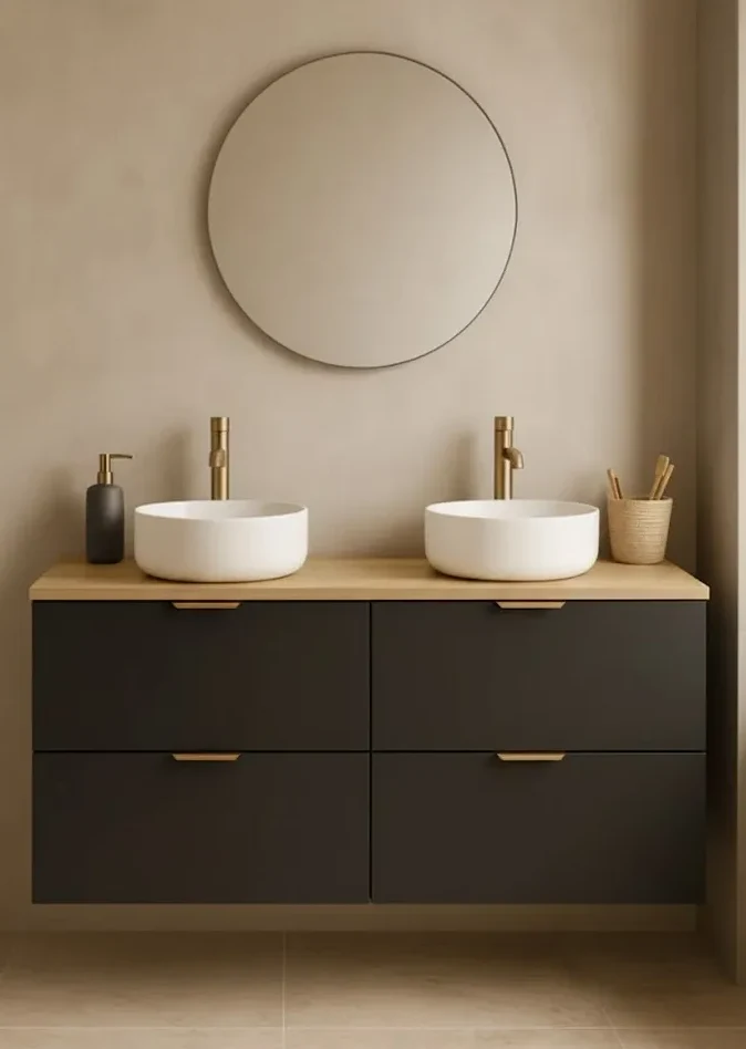 Badmöbel-Set: 120 cm Waschtischunterschrank mit 4 Schubladen und 2 Waschbecken Orio - Schwarz/Eiche Artisan