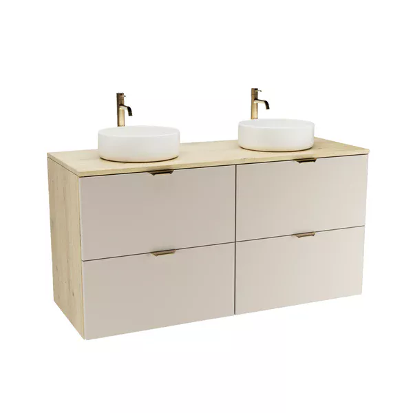 Badmöbel-Set: 120 cm Waschtischunterschrank mit 4 Schubladen und 2 Waschbecken Orio - Kaschmir/Eiche Artisan