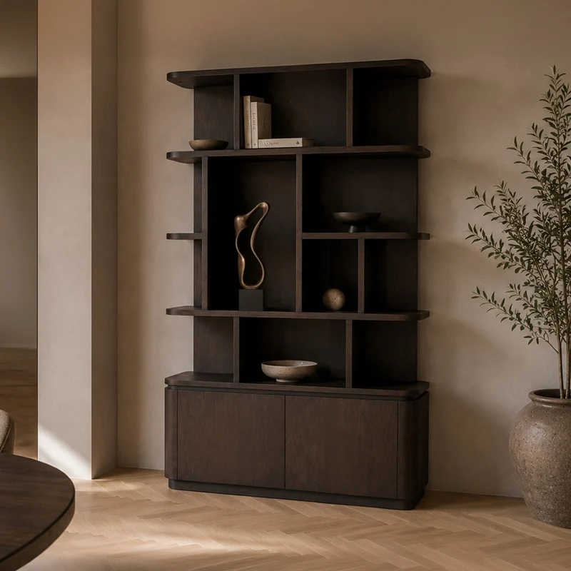 Bücherschrank braun, Regal braun, Wohnzimmerschrank braun Eiche furniert. Breite 145 cm