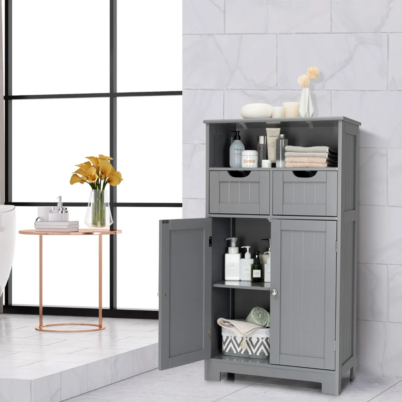 Costway - Badezimmer Unterschrank, Freistehender Schrank mit Schubladen für die Küche Badezimmer, Badezimmerschrank Schmal, 60x30x109cm, Grau