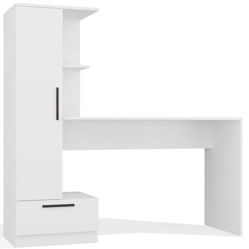 SCHREIBTISCH MIT REGAL WEISS | BÜROMÖBEL ARBEITSPLATZ KOMPAKT MODERN | MODELL COSMO 143x140x50 CM