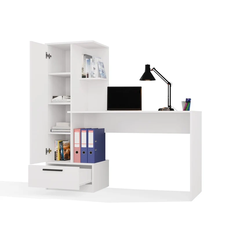 SCHREIBTISCH MIT REGAL WEISS | BÜROMÖBEL ARBEITSPLATZ KOMPAKT MODERN | MODELL COSMO 143x140x50 CM