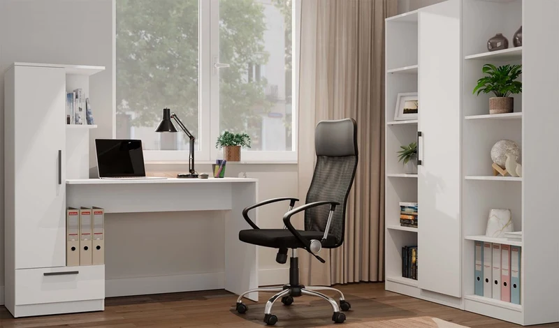 SCHREIBTISCH MIT REGAL WEISS | BÜROMÖBEL ARBEITSPLATZ KOMPAKT MODERN | MODELL COSMO 143x140x50 CM
