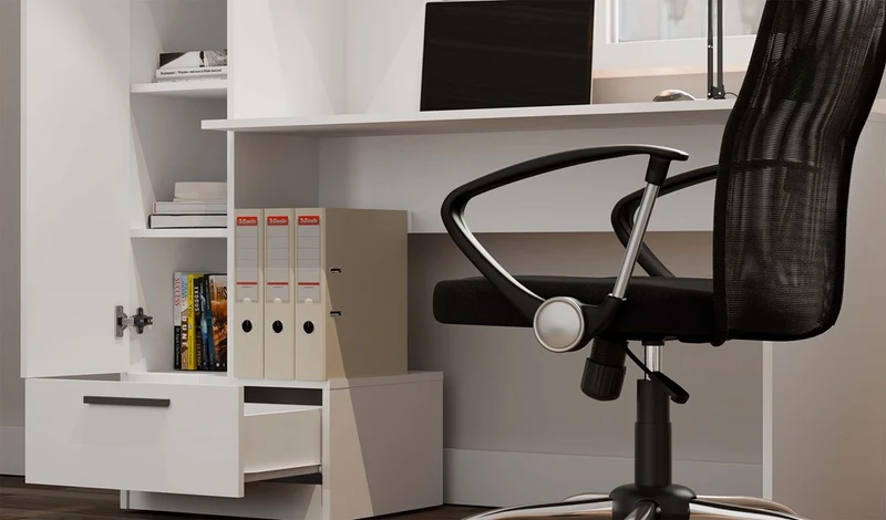SCHREIBTISCH MIT REGAL WEISS | BÜROMÖBEL ARBEITSPLATZ KOMPAKT MODERN | MODELL COSMO 143x140x50 CM
