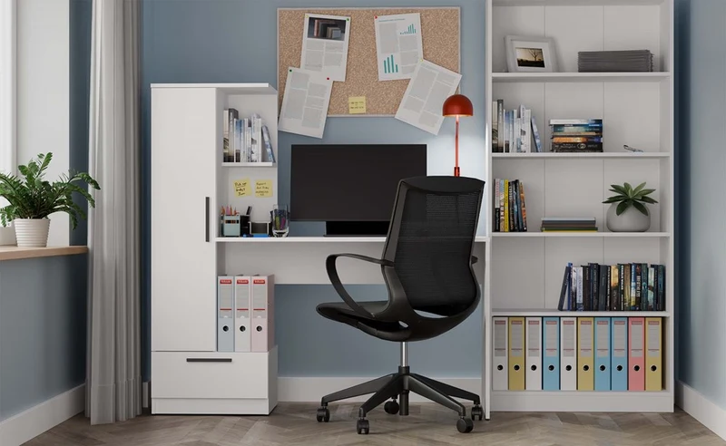 SCHREIBTISCH MIT REGAL WEISS | BÜROMÖBEL ARBEITSPLATZ KOMPAKT MODERN | MODELL COSMO 143x140x50 CM