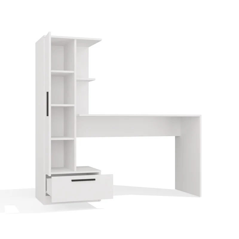 SCHREIBTISCH MIT REGAL WEISS | BÜROMÖBEL ARBEITSPLATZ KOMPAKT MODERN | MODELL COSMO 143x140x50 CM