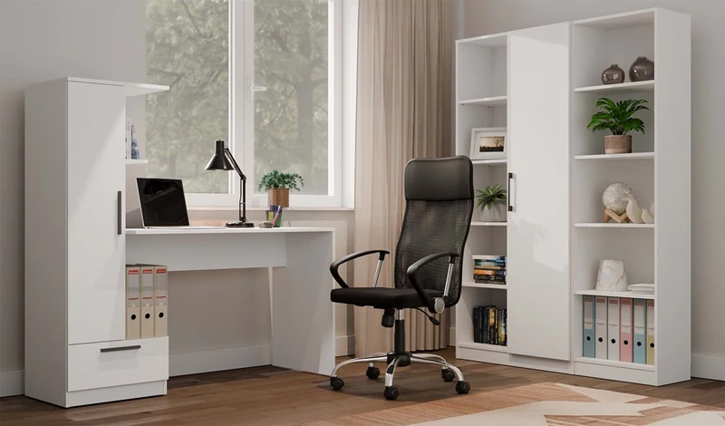 SCHREIBTISCH MIT REGAL WEISS | BÜROMÖBEL ARBEITSPLATZ KOMPAKT MODERN | MODELL COSMO 143x140x50 CM