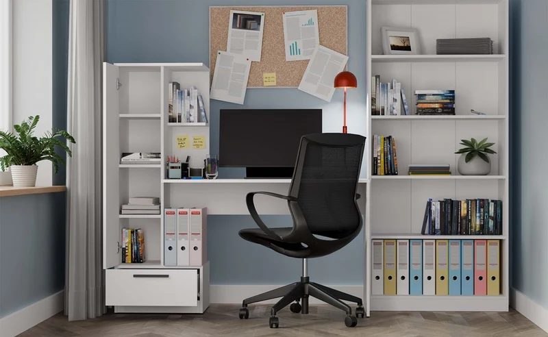 SCHREIBTISCH MIT REGAL WEISS | BÜROMÖBEL ARBEITSPLATZ KOMPAKT MODERN | MODELL COSMO 143x140x50 CM
