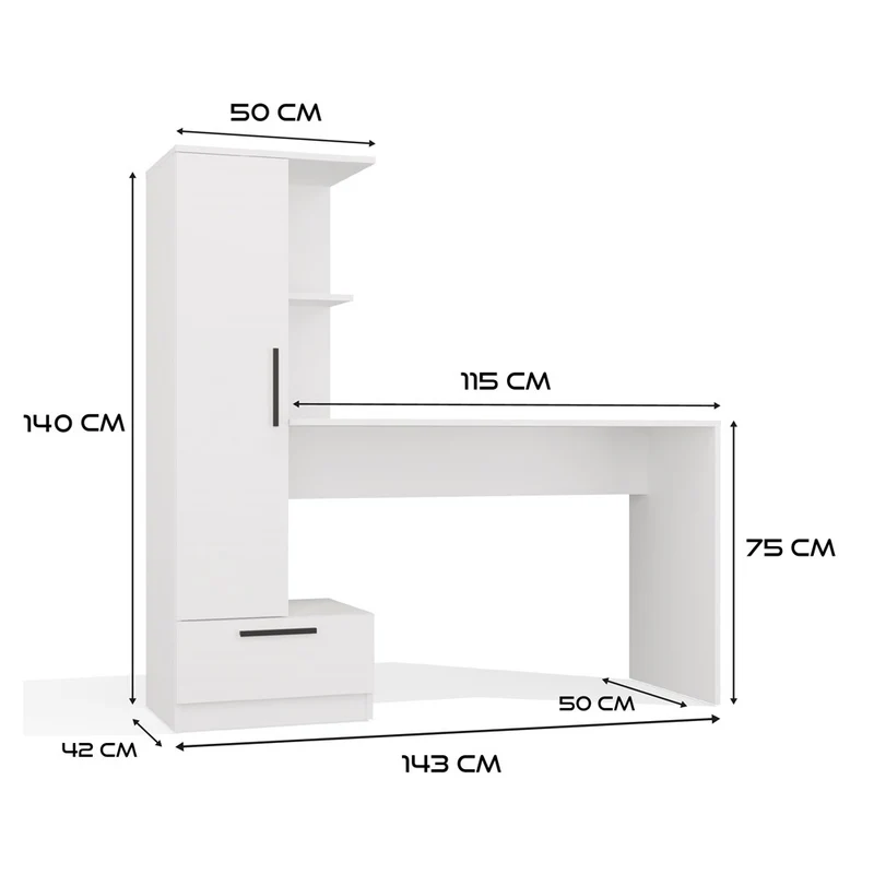 SCHREIBTISCH MIT REGAL WEISS | BÜROMÖBEL ARBEITSPLATZ KOMPAKT MODERN | MODELL COSMO 143x140x50 CM