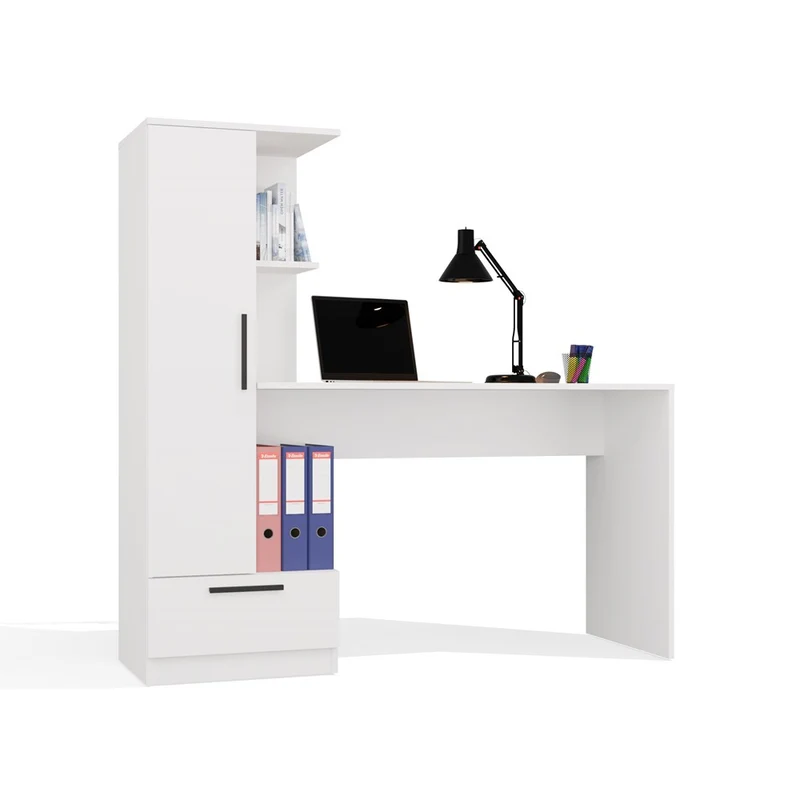SCHREIBTISCH MIT REGAL WEISS | BÜROMÖBEL ARBEITSPLATZ KOMPAKT MODERN | MODELL COSMO 143x140x50 CM