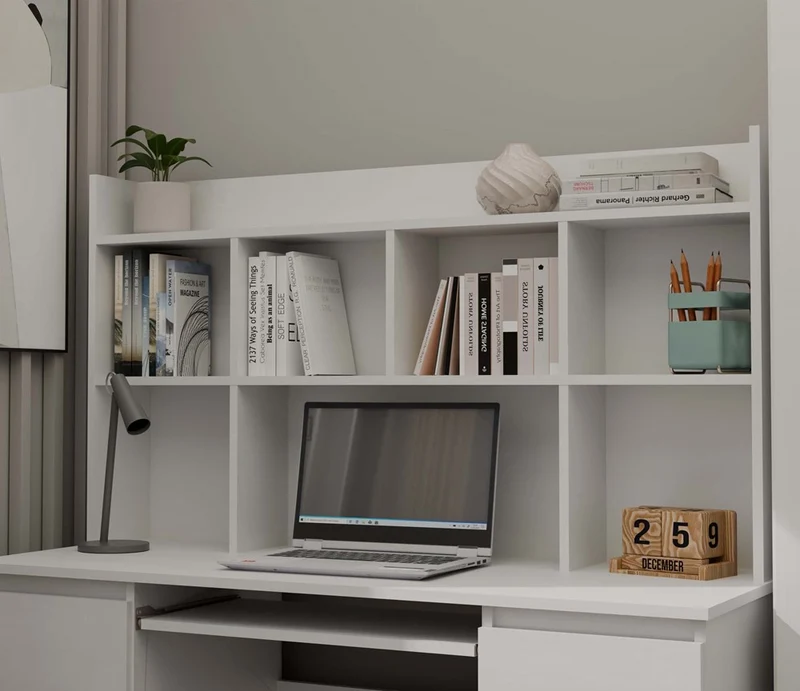 Moderner Schreibtischaufsatz 130 cm | Farbe: mattweiß | Aufsatz mit 5 Regalböden | Passend für Schreibtische der Serie KUBA | Zusatzregal für Büro, Arbeitszimmer, Kinderzimmer und Jugendzimmer