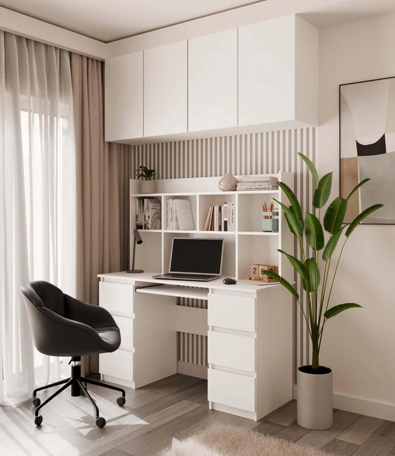 Moderner Schreibtischaufsatz 130 cm | Farbe: mattweiß | Aufsatz mit 5 Regalböden | Passend für Schreibtische der Serie KUBA | Zusatzregal für Büro, Arbeitszimmer, Kinderzimmer und Jugendzimmer