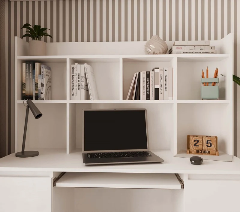 Moderner Schreibtischaufsatz 130 cm | Farbe: mattweiß | Aufsatz mit 5 Regalböden | Passend für Schreibtische der Serie KUBA | Zusatzregal für Büro, Arbeitszimmer, Kinderzimmer und Jugendzimmer