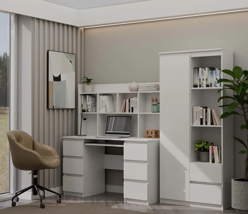 Moderner Schreibtischaufsatz 130 cm | Farbe: mattweiß | Aufsatz mit 5 Regalböden | Passend für Schreibtische der Serie KUBA | Zusatzregal für Büro, Arbeitszimmer, Kinderzimmer und Jugendzimmer