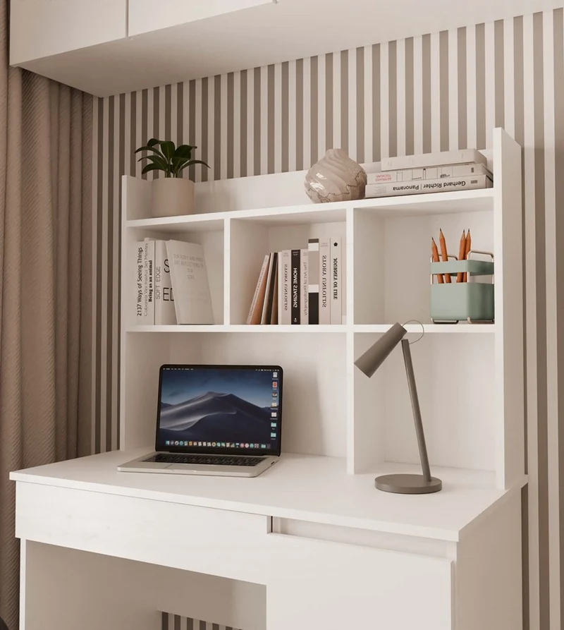 Moderner Schreibtischaufsatz 100 cm | Farbe: mattweiß | Aufsatz mit 4 Regalböden | Ideal für Schreibtische MIJAS, PORTO, LIMA | Zusatzregal für Büro, Arbeitszimmer, Kinderzimmer und Jugendzimmer