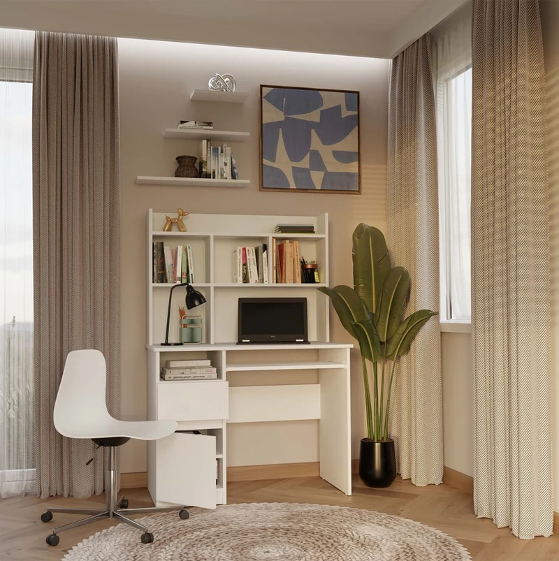 Moderner Schreibtischaufsatz 100 cm | Farbe: mattweiß | Aufsatz mit 4 Regalböden | Ideal für Schreibtische MIJAS, PORTO, LIMA | Zusatzregal für Büro, Arbeitszimmer, Kinderzimmer und Jugendzimmer