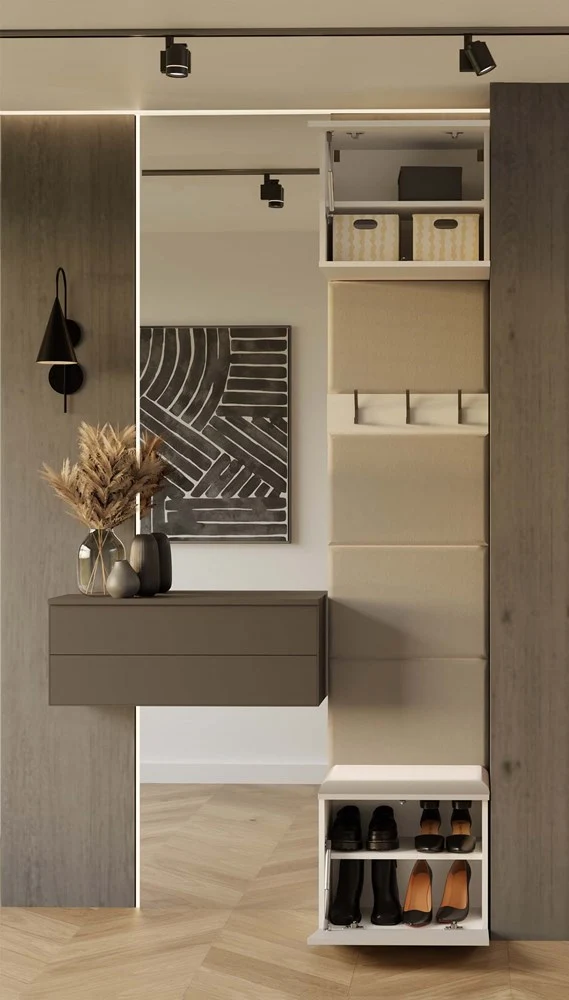 Garderobe HAGA 1W | Farbe: Kaschmir (beige) | Großer Volumen | Kleiderbügel | Geräumiger Schuhschrank | Ideal für Diele, Flur | Praktische Ablagen | Modernes Aussehen