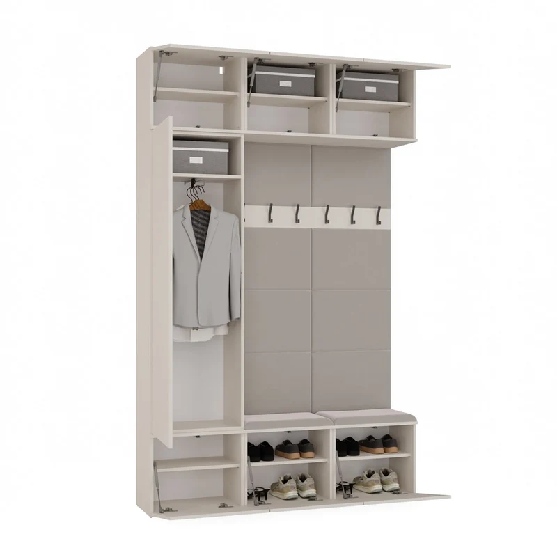 CDF MODULARE GARDEROBE HAGA III IN KASCHMIR BEIGE – 1X SCHRANK + 2X WANDPANEEL MIT SITZBANK UND HAKEN – KOMPAKTE KOMPLETTLÖSUNG FÜR DEN FLUR 150x238x35 CM