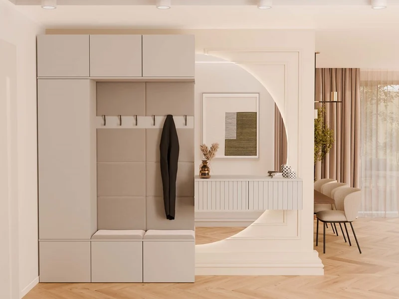 CDF MODULARE GARDEROBE HAGA III IN KASCHMIR BEIGE – 1X SCHRANK + 2X WANDPANEEL MIT SITZBANK UND HAKEN – KOMPAKTE KOMPLETTLÖSUNG FÜR DEN FLUR 150x238x35 CM