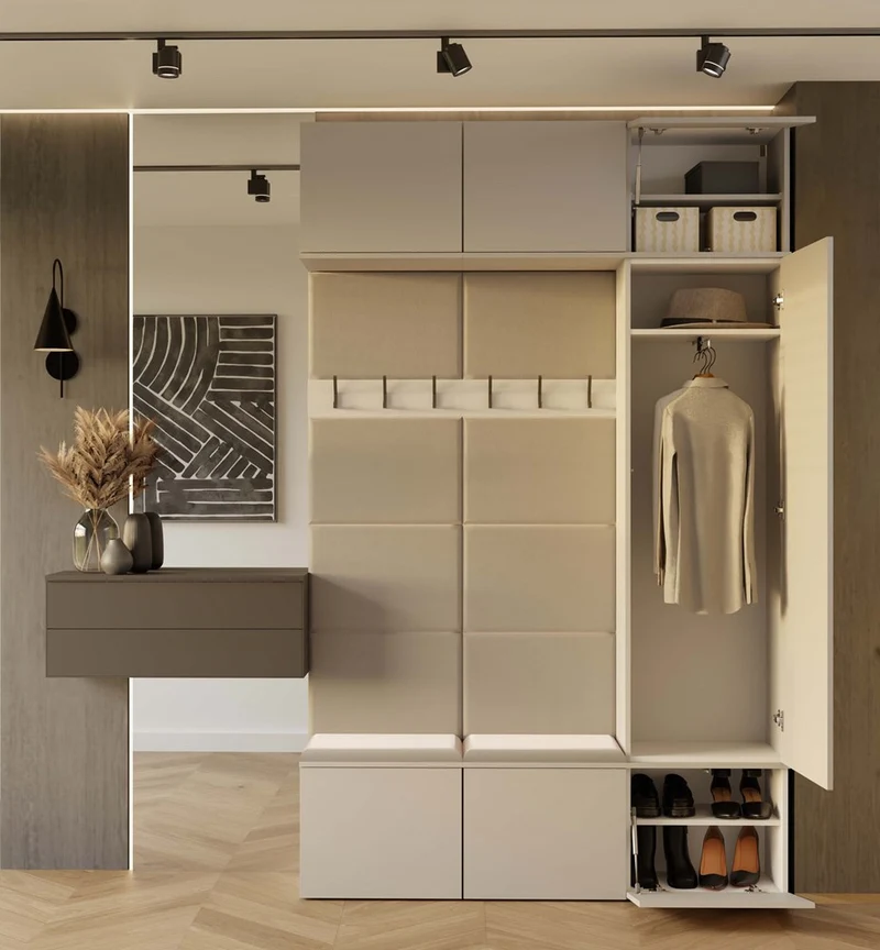 CDF MODULARE GARDEROBE HAGA III IN KASCHMIR BEIGE – 1X SCHRANK + 2X WANDPANEEL MIT SITZBANK UND HAKEN – KOMPAKTE KOMPLETTLÖSUNG FÜR DEN FLUR 150x238x35 CM