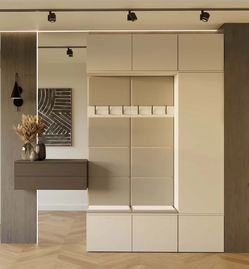 CDF MODULARE GARDEROBE HAGA III IN KASCHMIR BEIGE – 1X SCHRANK + 2X WANDPANEEL MIT SITZBANK UND HAKEN – KOMPAKTE KOMPLETTLÖSUNG FÜR DEN FLUR 150x238x35 CM
