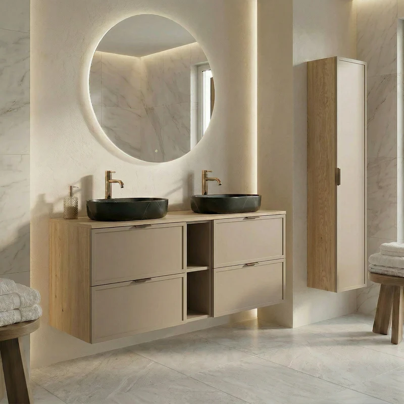 Bad Hochschrank 120 cm Roma - Kaschmir/Eiche Cremona