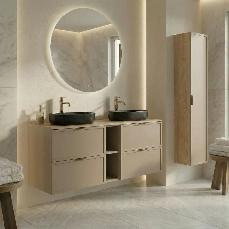 Waschtischunterschrank 140 cm mit Regal Roma - Kaschmir/Eiche Cremona-Platte