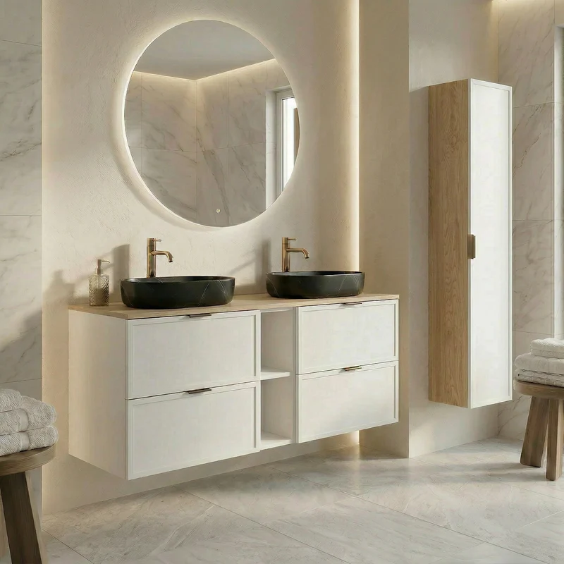 Waschtischunterschrank 140 cm mit Regal Roma - Weiß/Eiche Cremona-Platte
